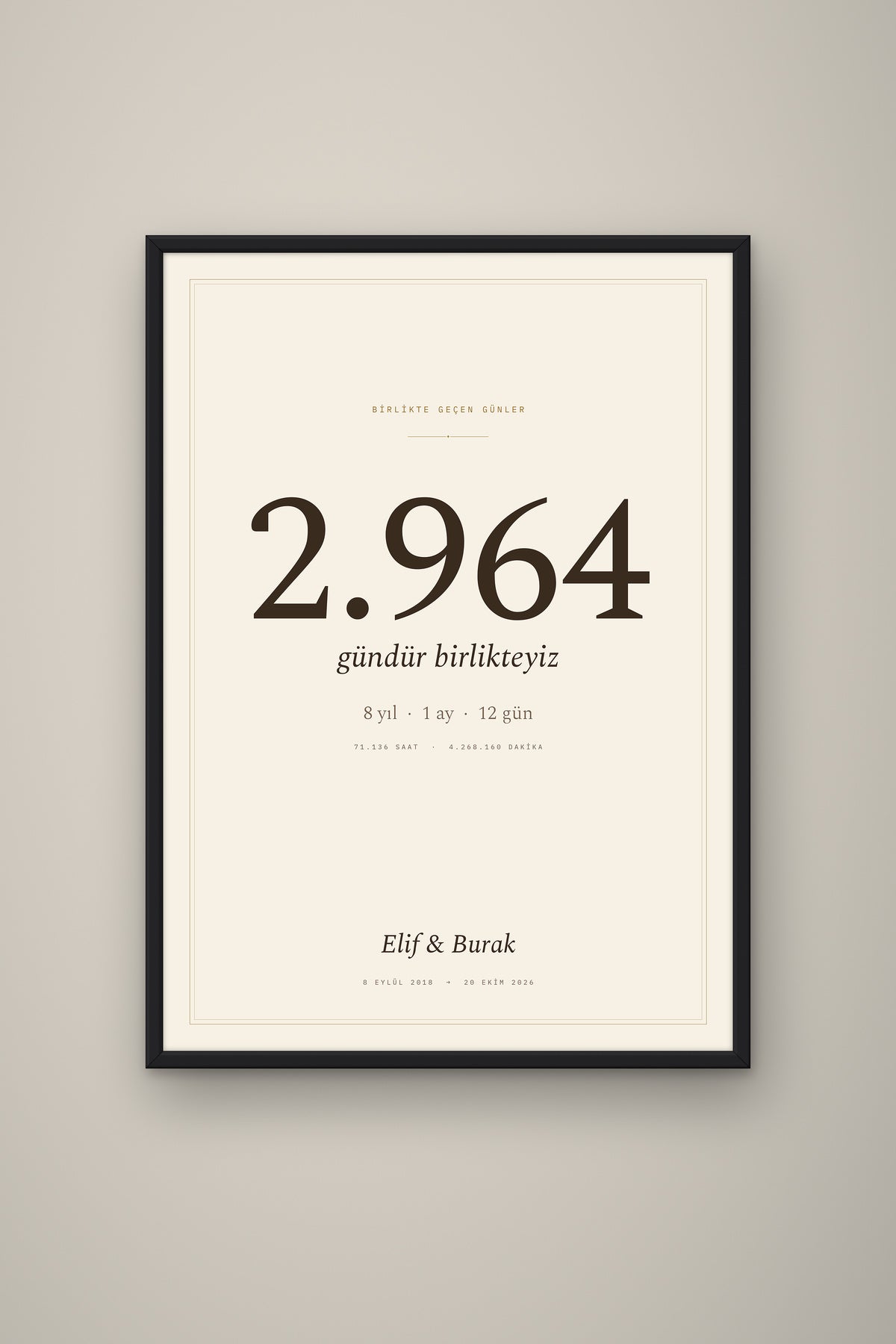 Kişiye Özel Birlikte Geçen Günler Sayaç Tablosu, çerçeve ve tema seçeneği