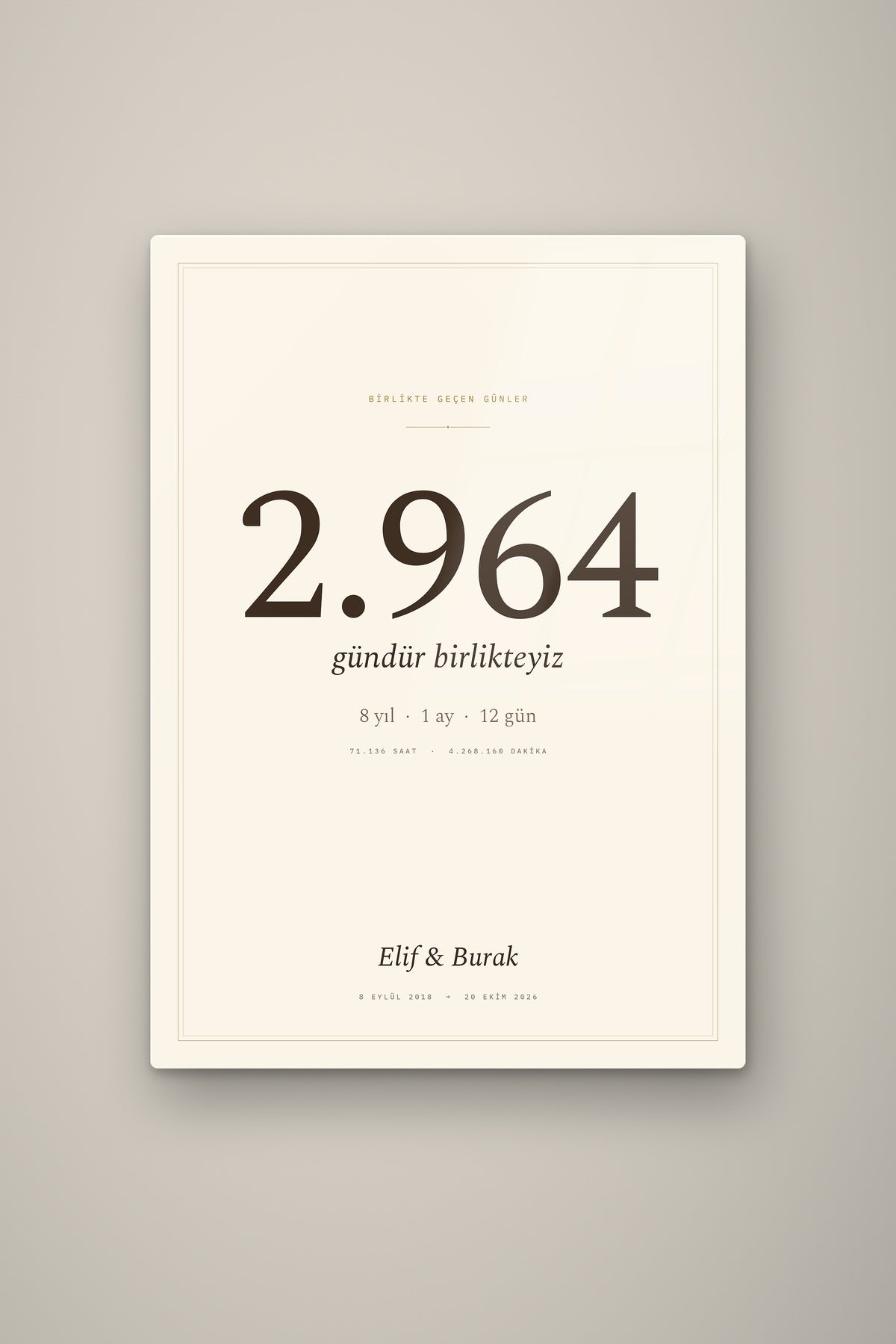 Kişiye Özel Birlikte Geçen Günler Sayaç Tablosu, çerçeve ve tema seçeneği