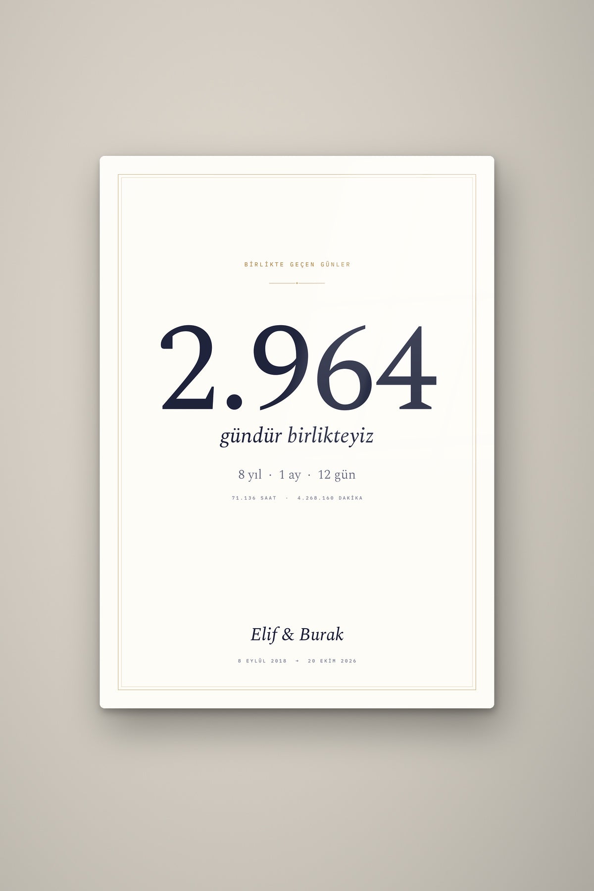 Kişiye Özel Birlikte Geçen Günler Sayaç Tablosu, çerçeve ve tema seçeneği