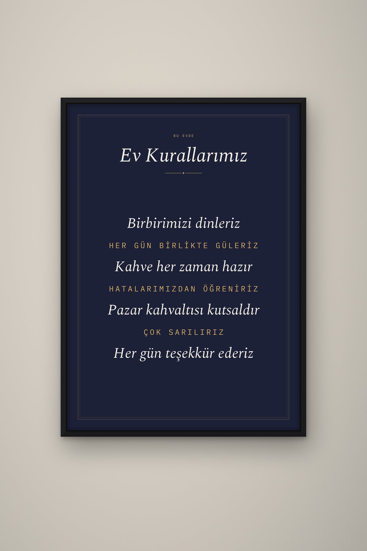 Kişiye Özel Ev Kurallarımız Tablosu, çerçeve ve tema seçeneği