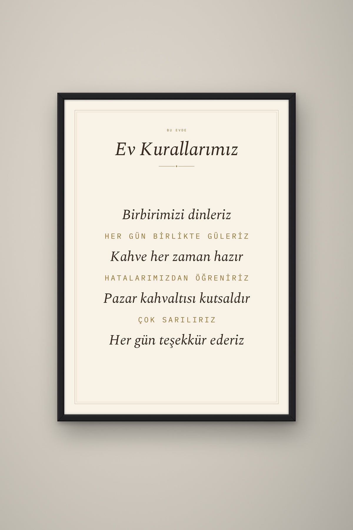Kişiye Özel Ev Kurallarımız Tablosu, çerçeve ve tema seçeneği