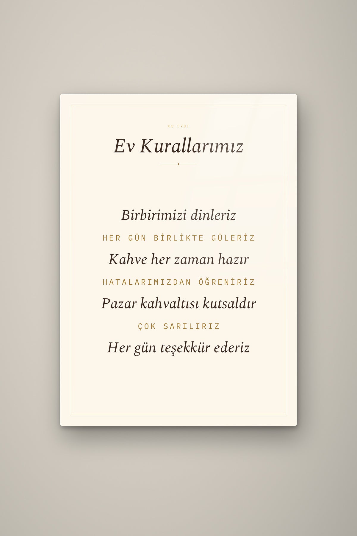 Kişiye Özel Ev Kurallarımız Tablosu, çerçeve ve tema seçeneği
