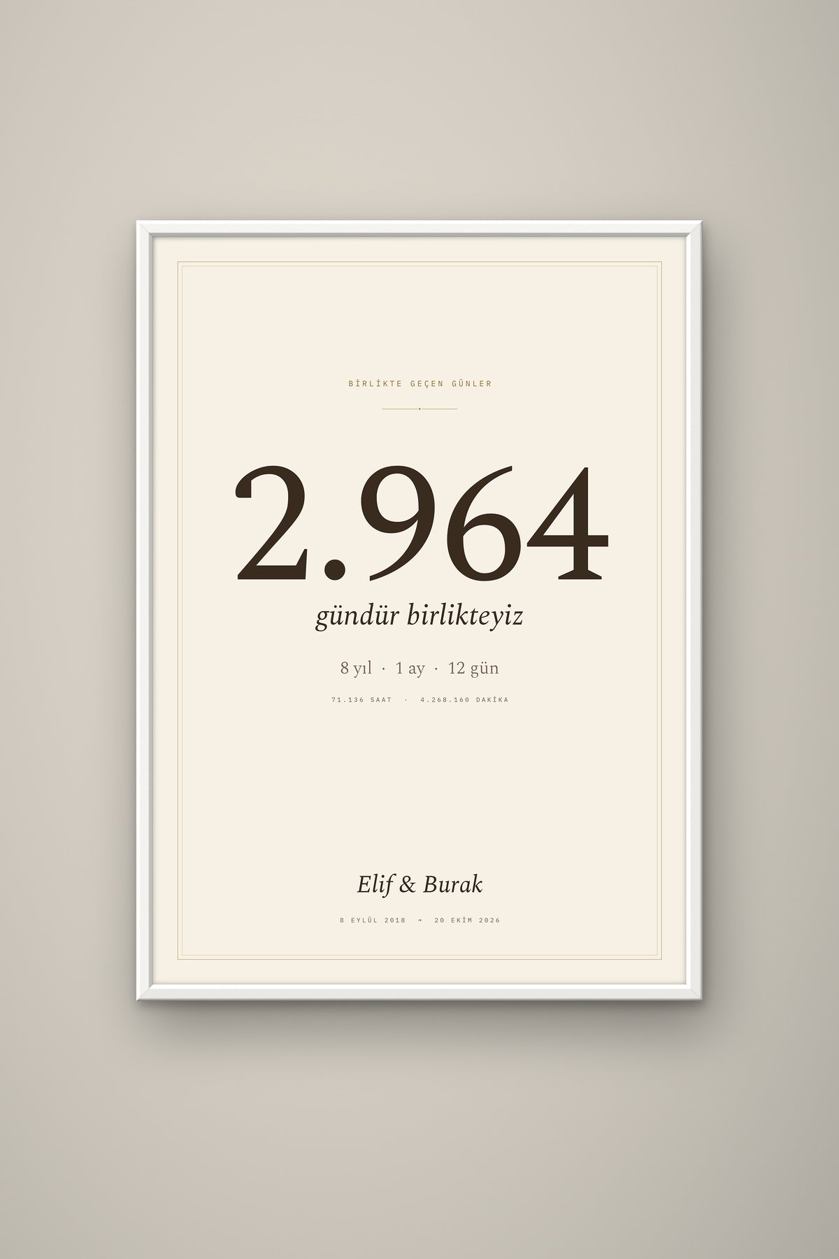 Kişiye Özel Birlikte Geçen Günler Sayaç Tablosu, çerçeve ve tema seçeneği