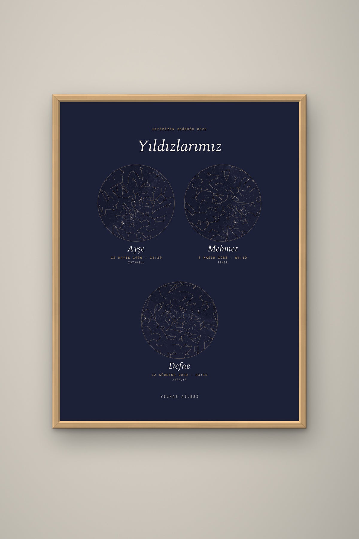 Kişiye Özel Aile Yıldız Haritası Tablo, çerçeve ve tema seçeneği