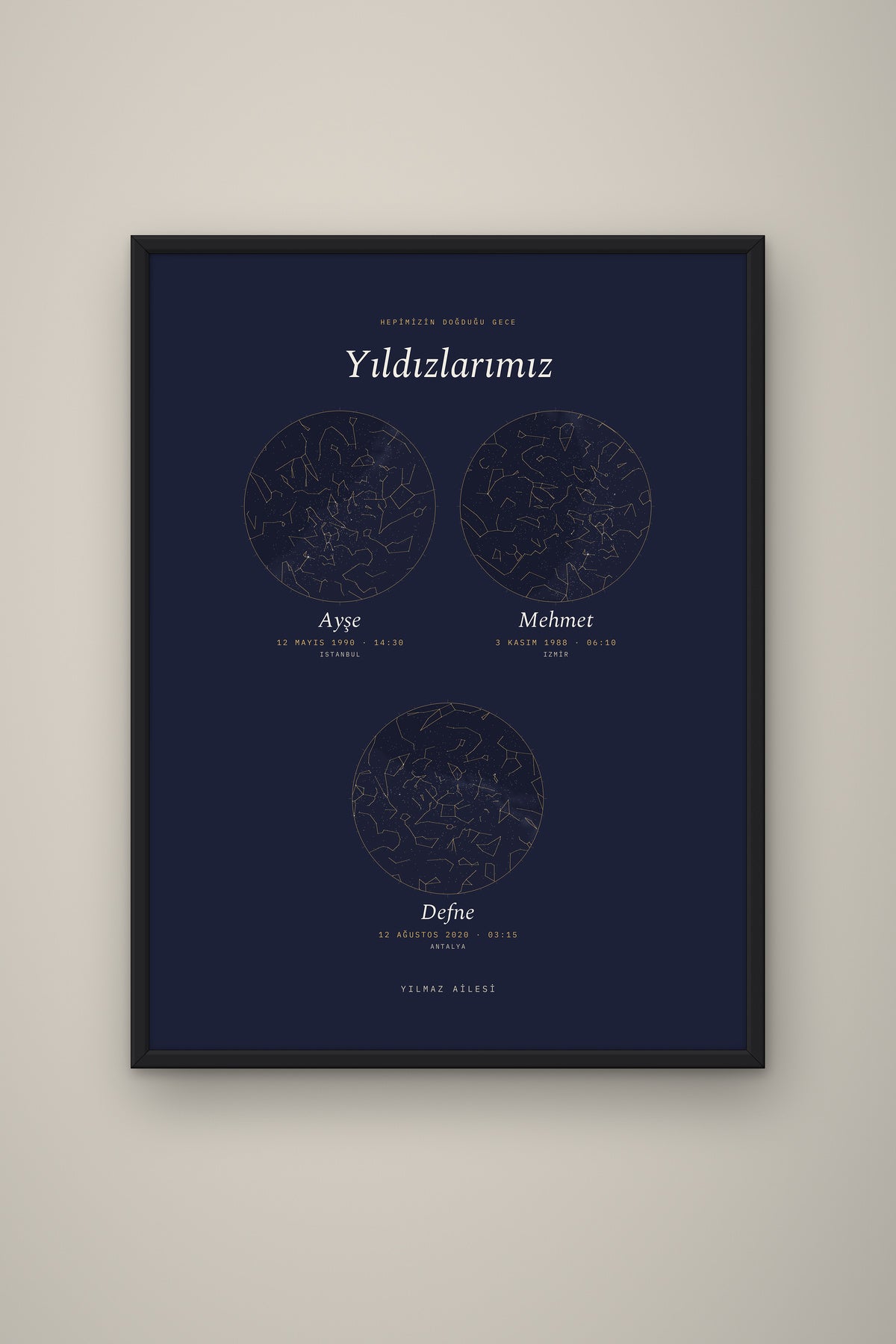 Kişiye Özel Aile Yıldız Haritası Tablo, çerçeve ve tema seçeneği