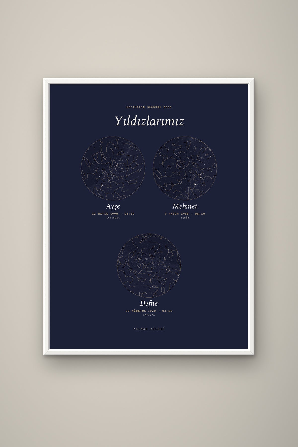 Kişiye Özel Aile Yıldız Haritası Tablo, çerçeve ve tema seçeneği