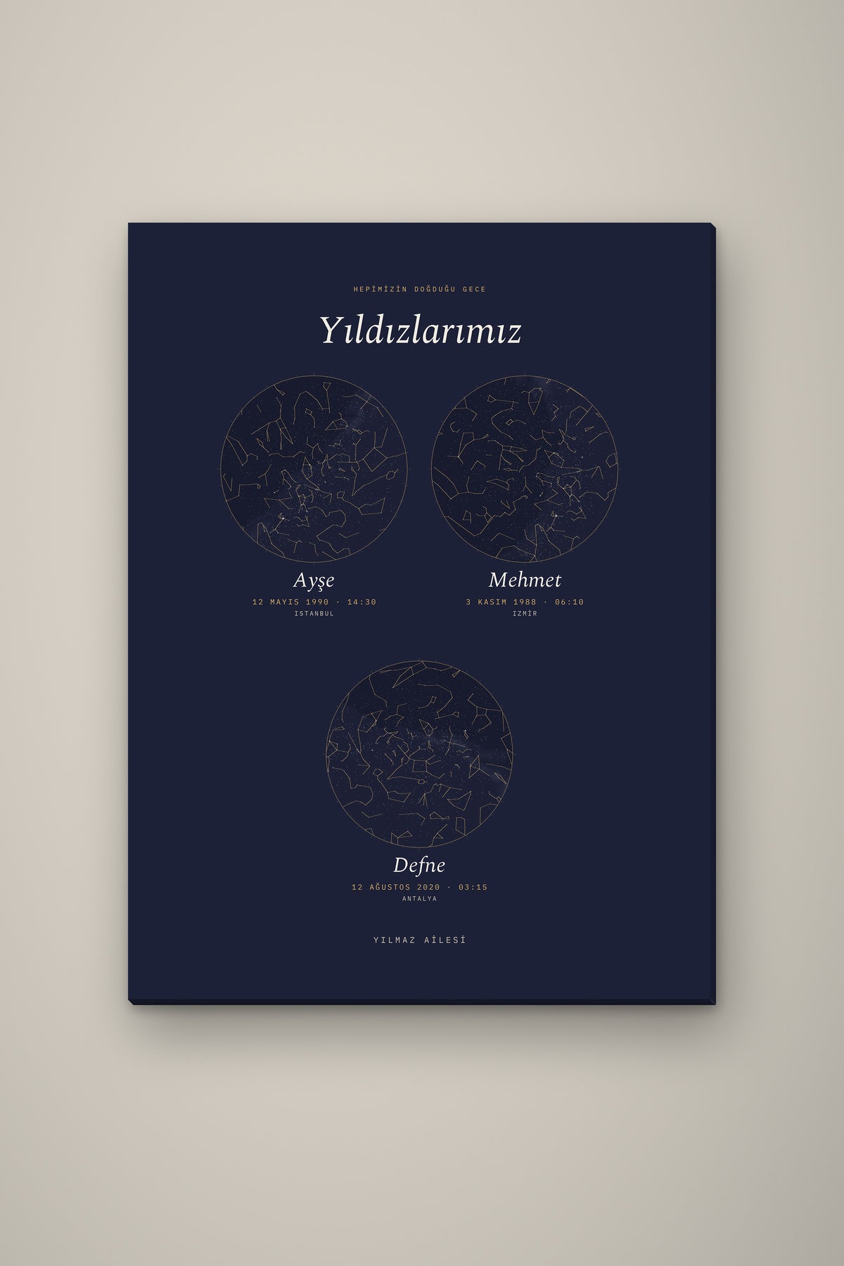 Kişiye Özel Aile Yıldız Haritası Tablo, çerçeve ve tema seçeneği