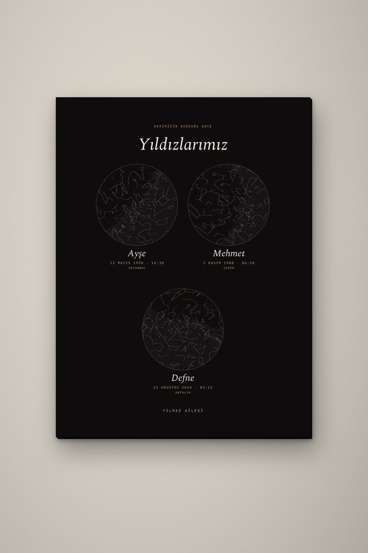 Kişiye Özel Aile Yıldız Haritası Tablo, çerçeve ve tema seçeneği