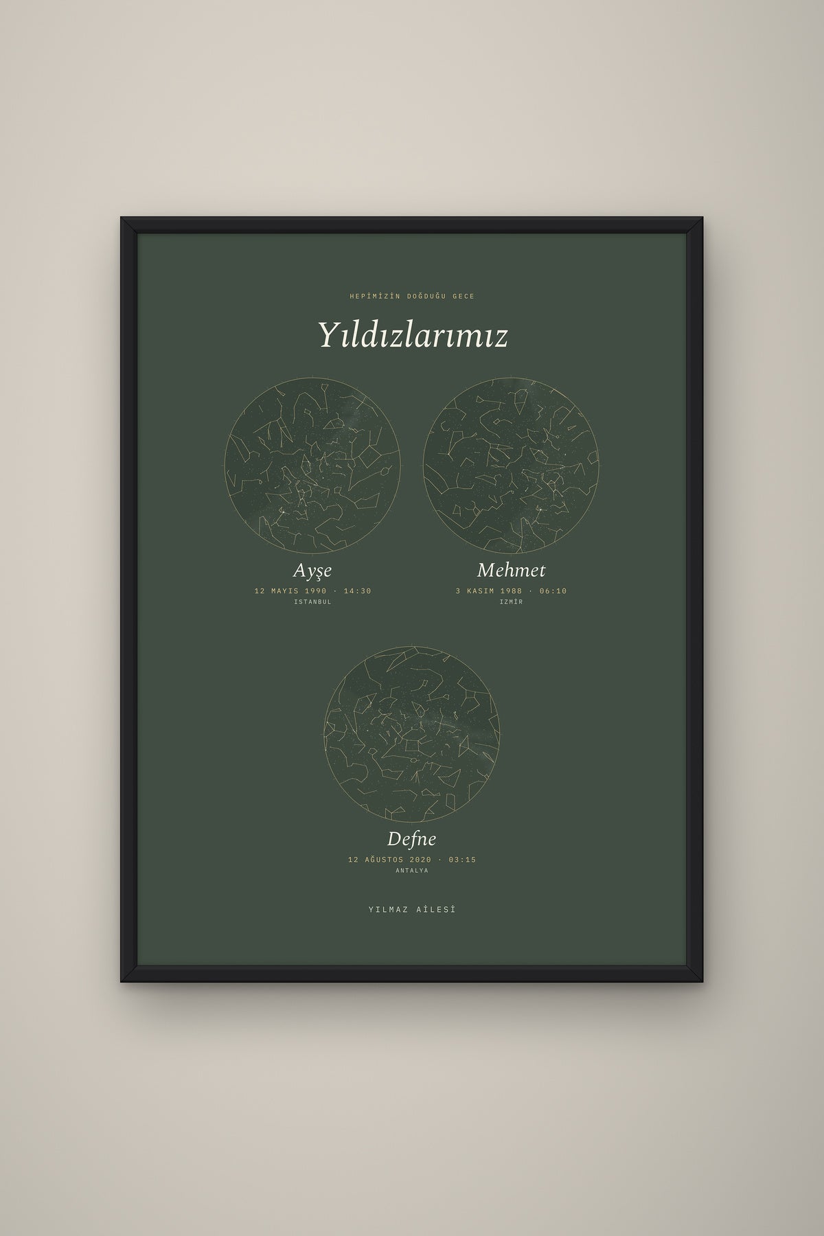 Kişiye Özel Aile Yıldız Haritası Tablo, çerçeve ve tema seçeneği