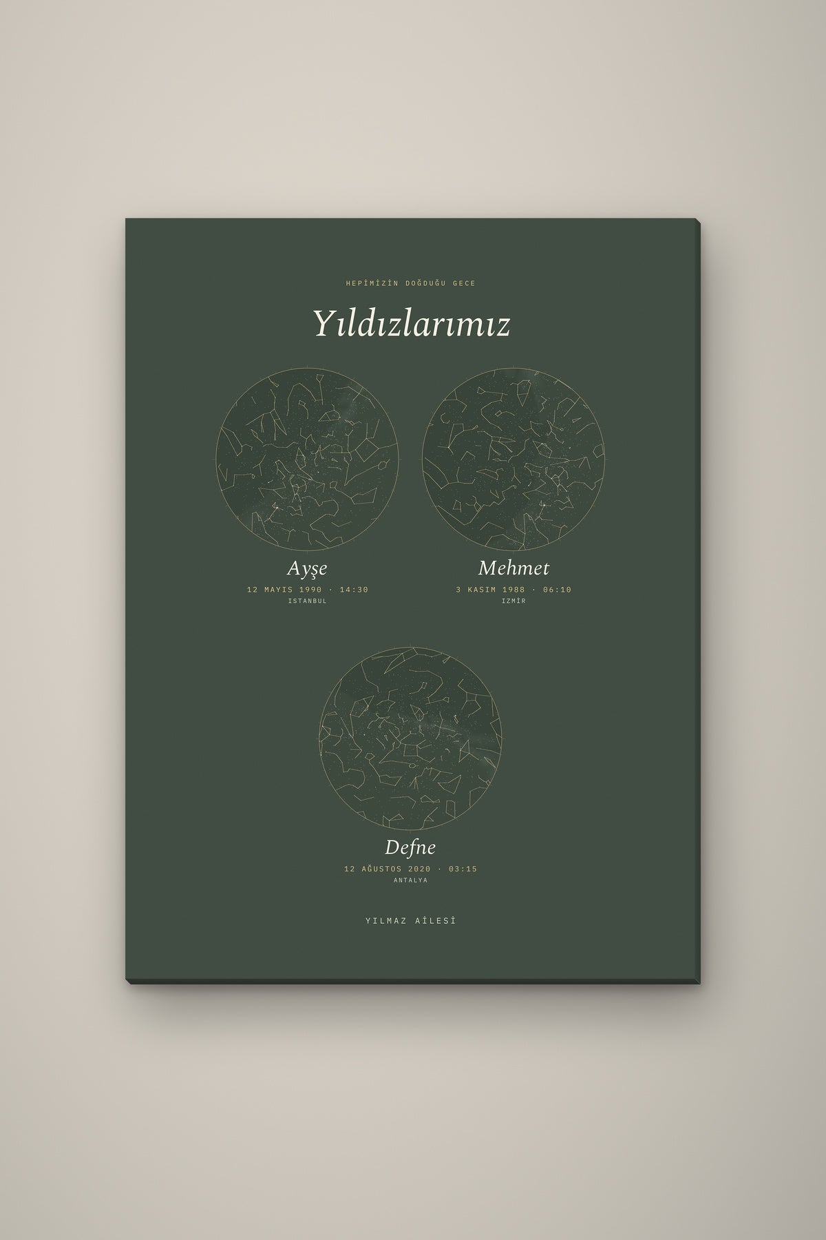 Kişiye Özel Aile Yıldız Haritası Tablo, çerçeve ve tema seçeneği