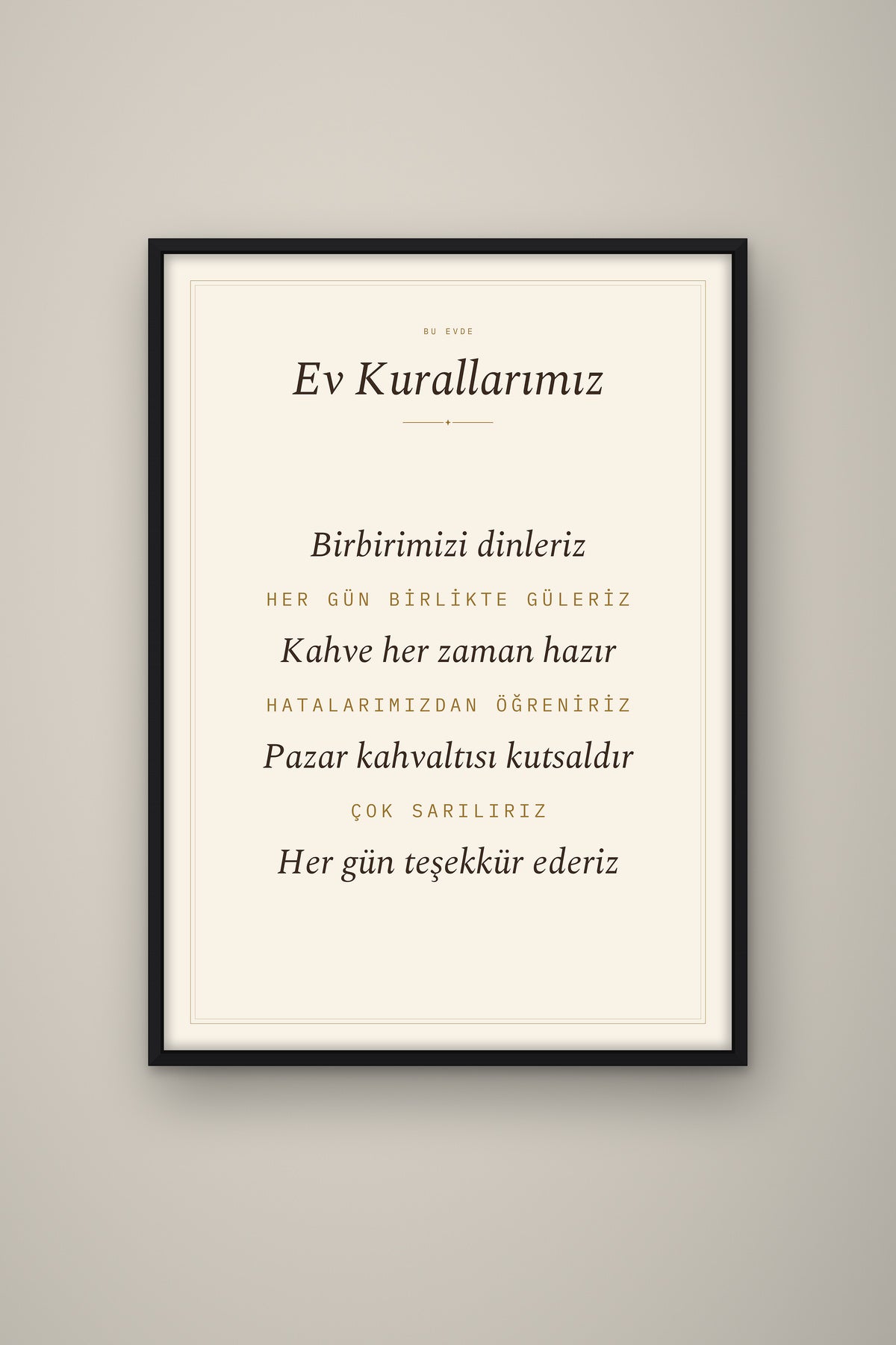 Kişiye Özel Ev Kurallarımız Tablosu, çerçeve ve tema seçeneği
