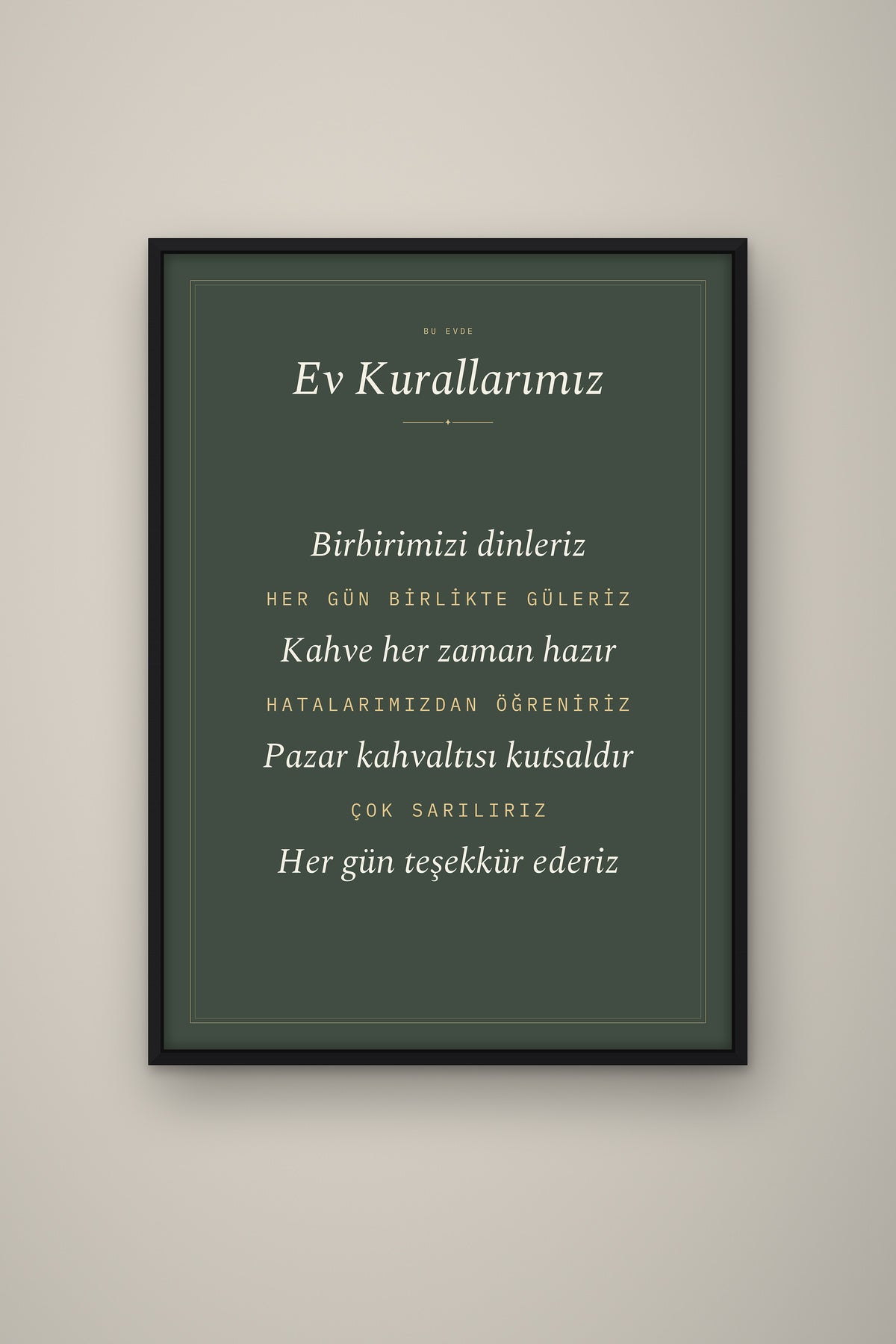 Kişiye Özel Ev Kurallarımız Tablosu, çerçeve ve tema seçeneği